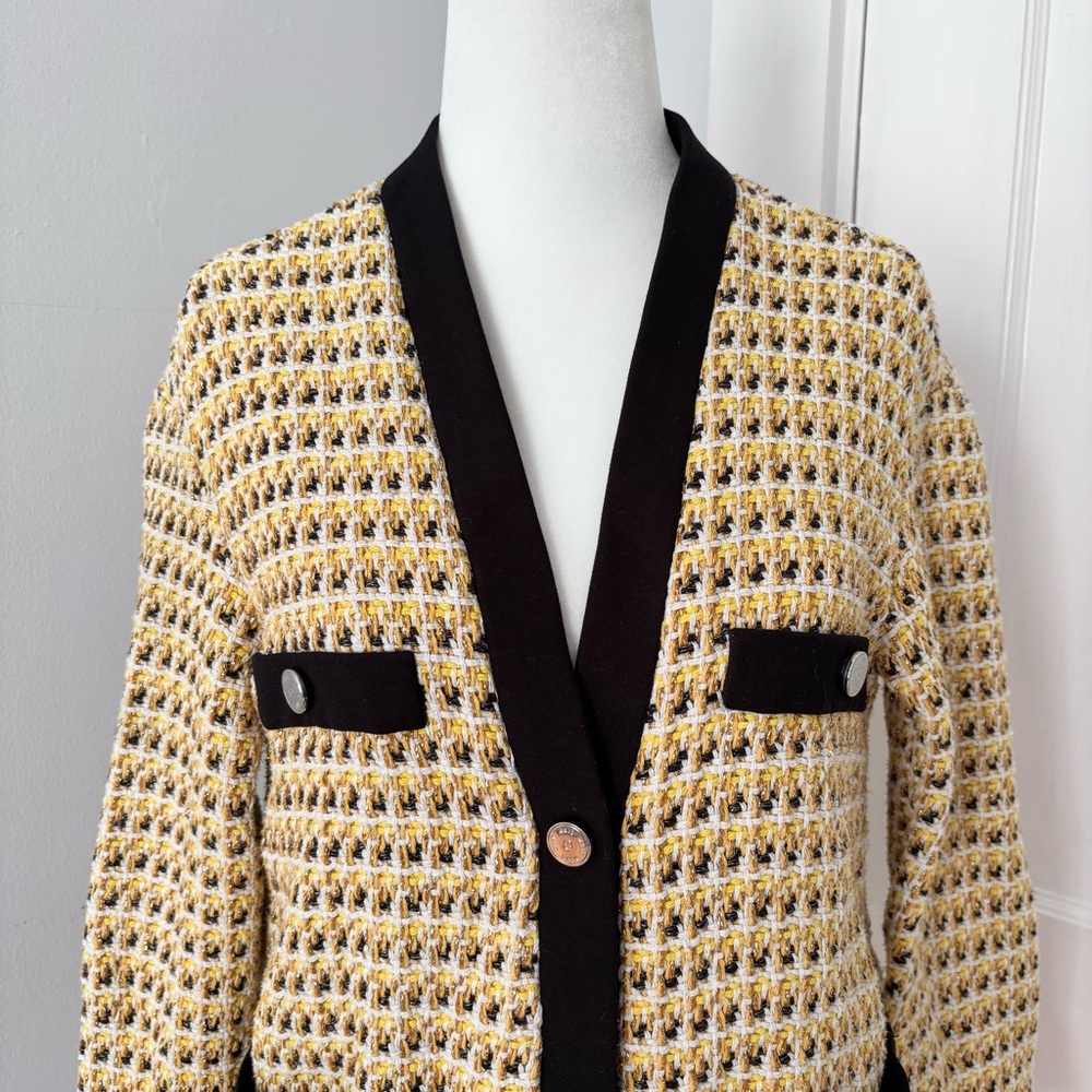 Maje Metallic Cotton Blend Tweed Jacket Button Front Pockets Black Yellow Trim - Picture 5 of 9